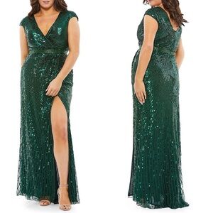 Mac Duggal SEQUINED FAUX WRAP CAP SLEEVE GOWN (PLUS) Bottle Green Size 14W